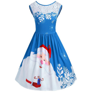 Christmas Lace Insert Santa Claus Print Party Dress