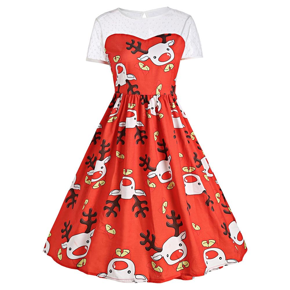 Mesh Panel Cute Christmas Reindeer Party Dress