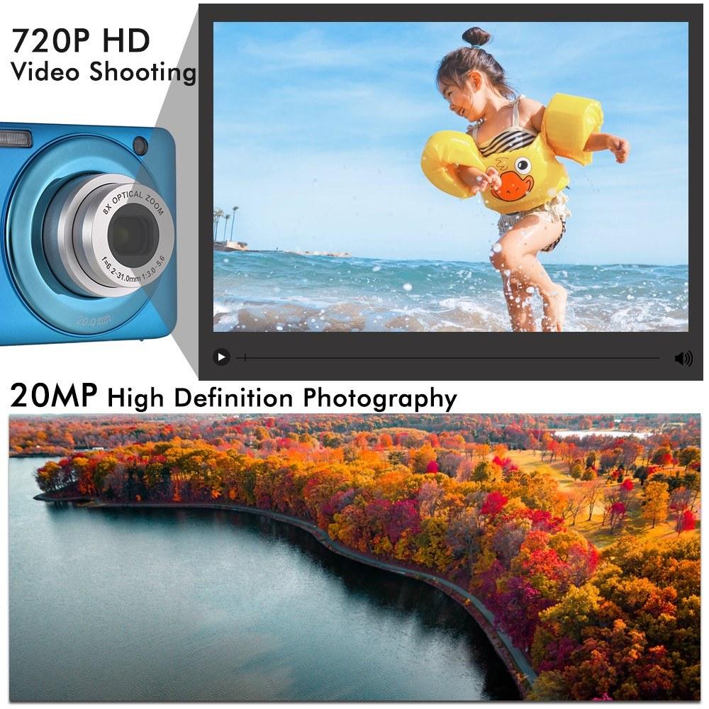 Andoer 20MP 720P HD Digital Camera Video Camcorder with 2pcs Rechargeable Batteries 8X Optical & 4X Digital Zoom Anti-shake 2.7inch LCD Screen Kids Christmas Gift