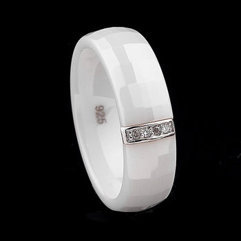 Polished Nano Ceramic Dome with S925 Sterling Silver & CZ Diamond Embedded White Gold Electroplated Ring