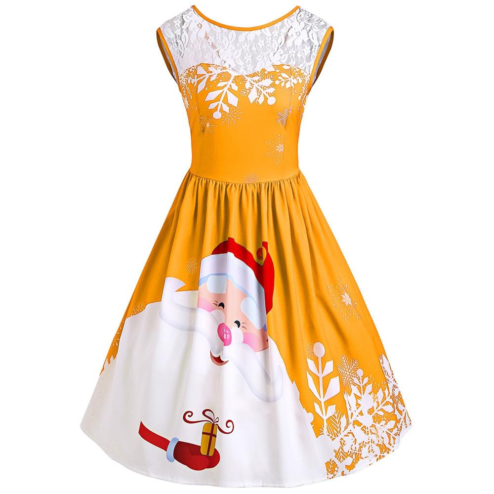 Christmas Lace Insert Santa Claus Print Party Dress