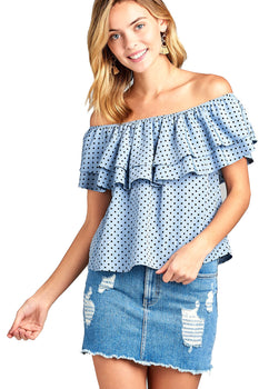 Women's Double Ruffle Off Shoulder Polka Dot Top