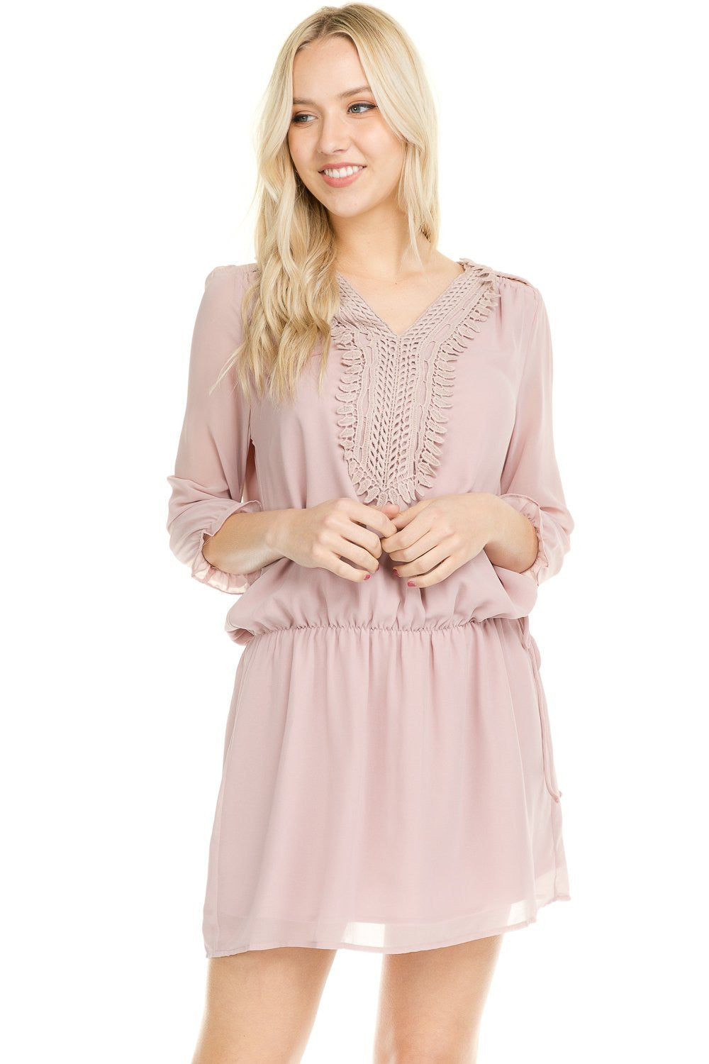 Women's Three Quarter 3/4 Sleeve Crochet Tie Dress